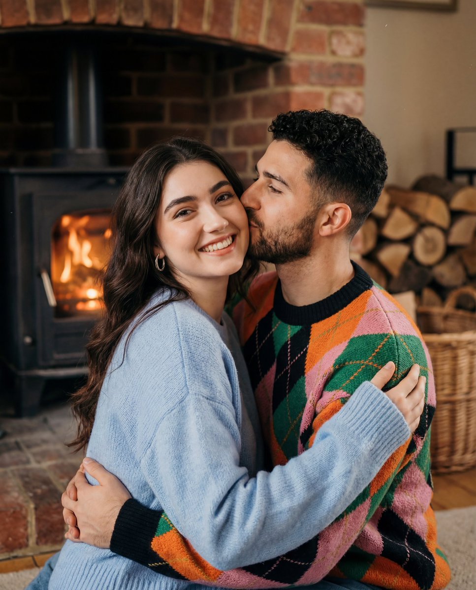 AI Prompt for Cozy Couple Portrait by Fireplace: Create Intimate Photography with Warm Firelight and Cinematic Aesthetic