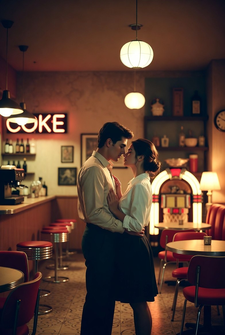 AI Prompt for Dreamy 1950s Diner Scene: Romantic Wintertime Ambiance with Vintage Elements