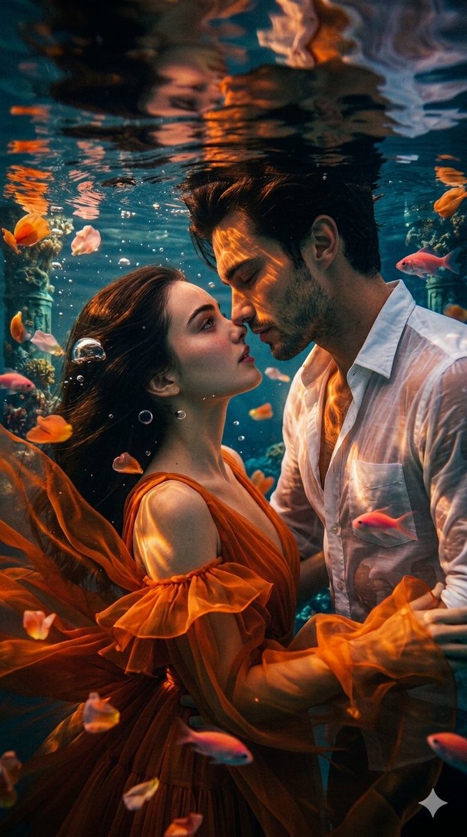 AI Prompt for Dreamy Underwater Couple Photo in Golden Hour Light