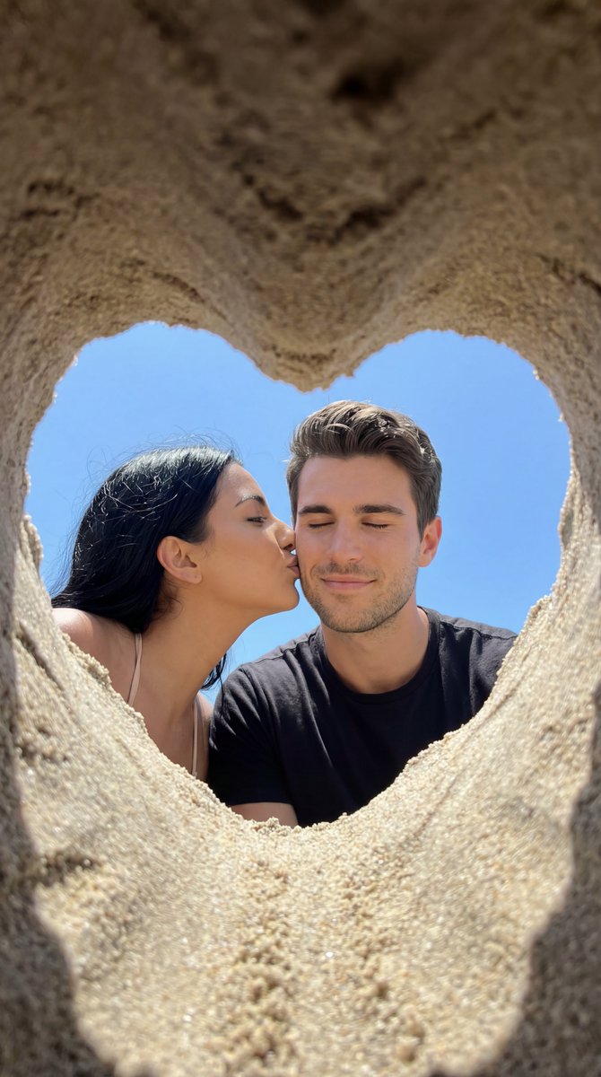AI Prompt for Photorealistic Beach Couple Kiss with Heart-Shaped Vignette