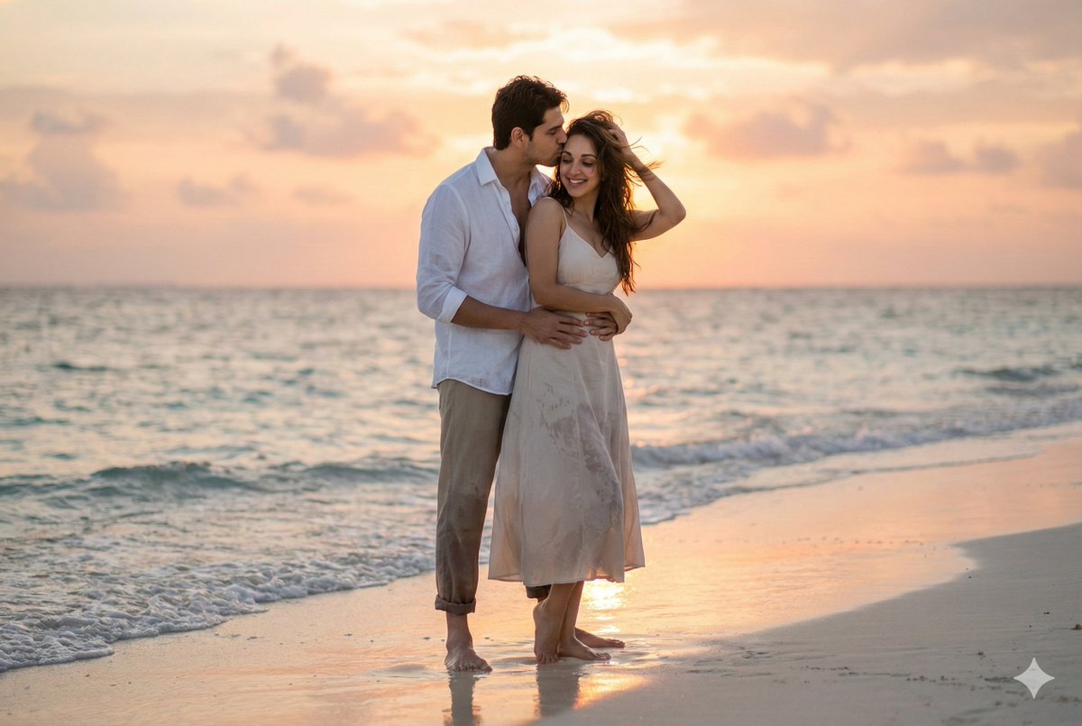 AI Prompt for Photorealistic Couple Portraits - Indian Wedding, Tropical Beach, Romantic Kiss