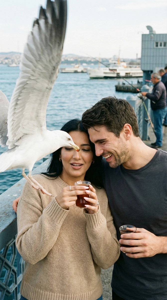 AI Prompt for Photorealistic Street Romance Image: Galata Bridge Scene