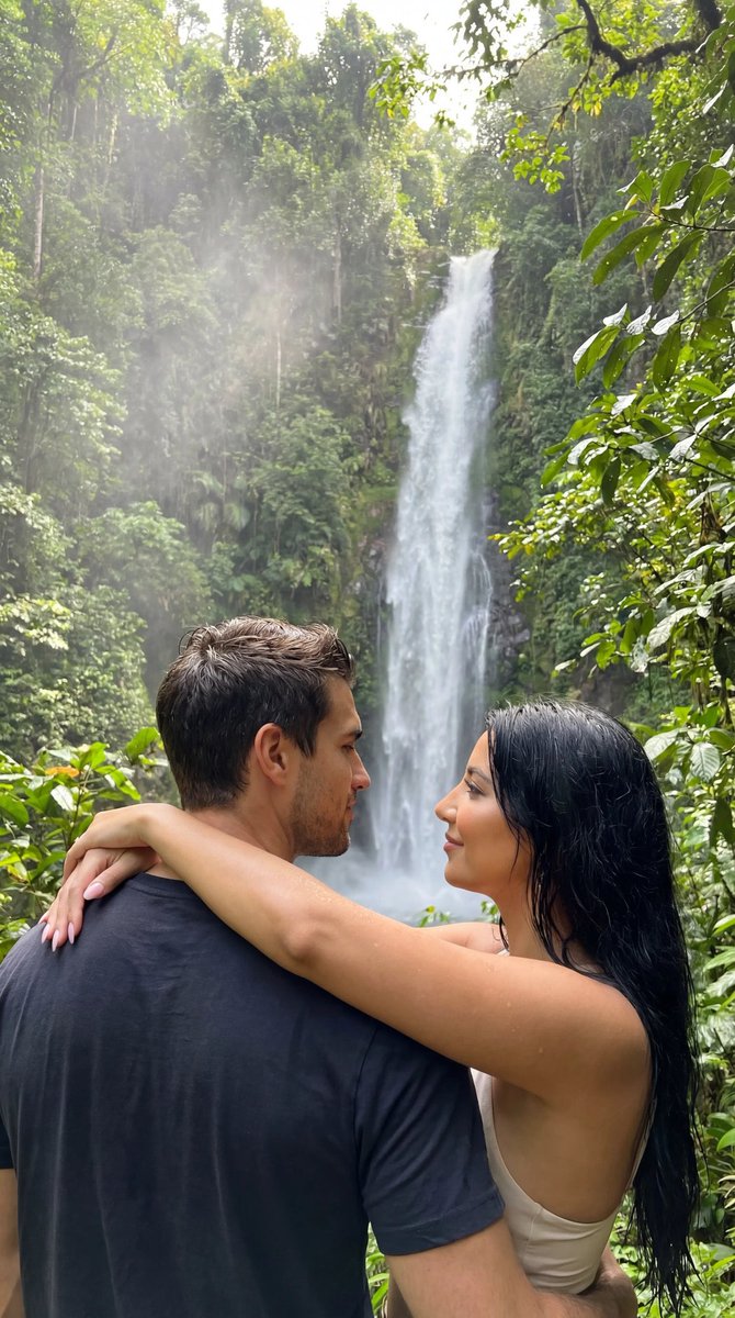 AI Prompt for Photorealistic Tropical Waterfall Couples Embracing