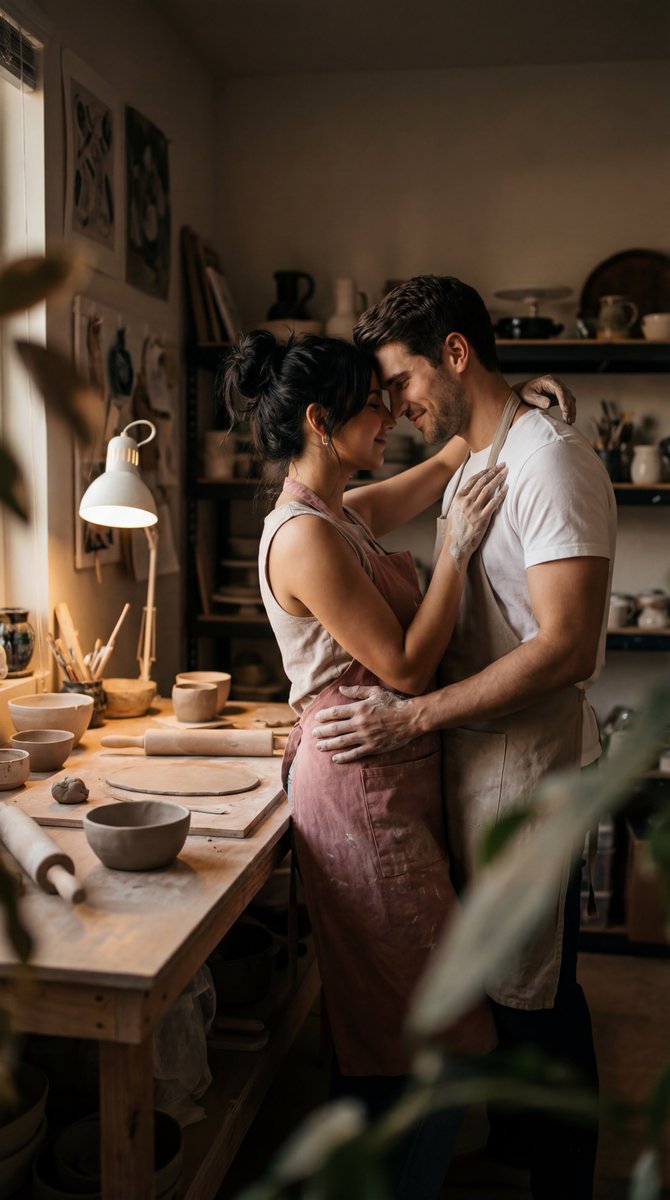 AI Prompt for Romantic Couple Image Generation in Cinematic Pottery Studio Setting