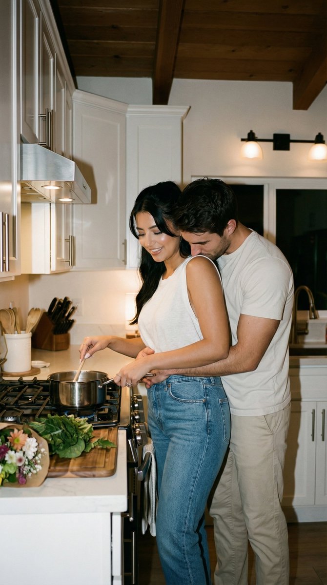 AI Prompt for Romantic Couple Portrait in Cozy Home Kitchen Setting