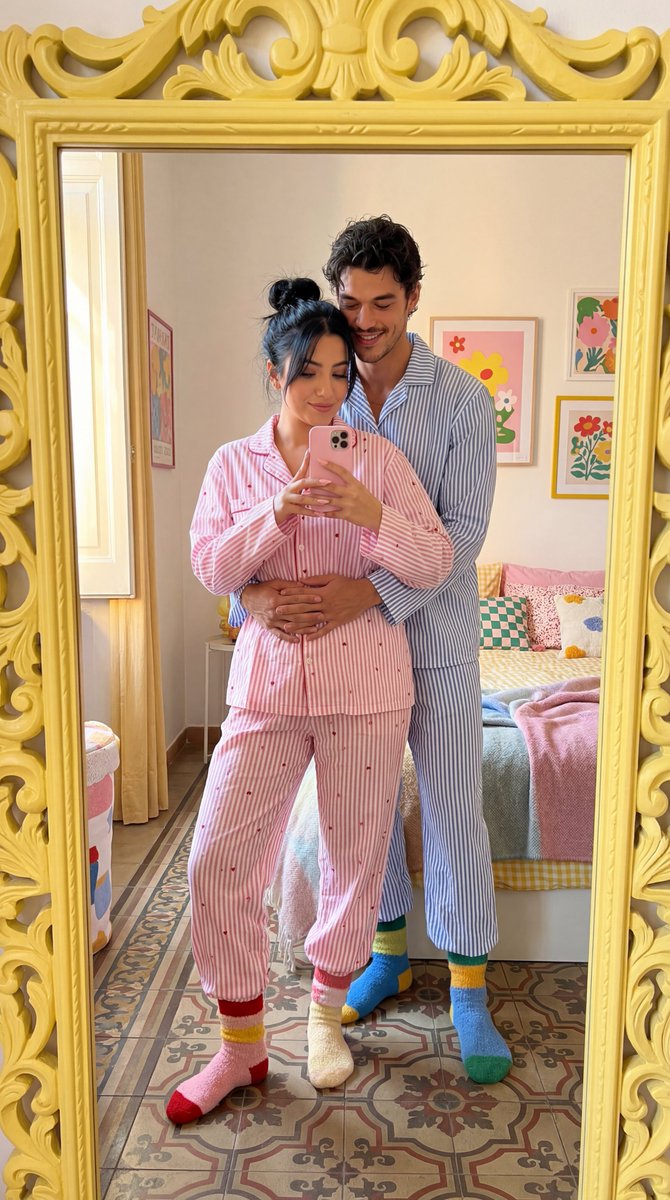 AI Prompt for Romantic Couples Matching Striped Pajamas Image