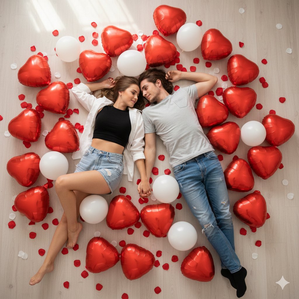 AI Prompt for Romantic Overhead Couple Shot with Heart Balloons