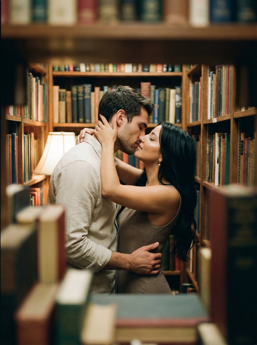 AI Prompt for Vintage Cinematic Bookstore Kiss Photo