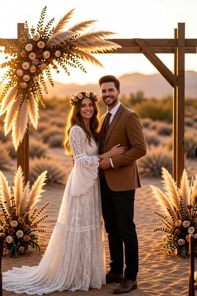 Boho Desert Wedding Photo Prompt – Ultra-Realistic Sunset