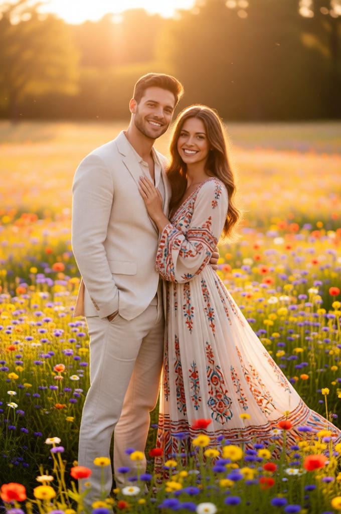 Boho Wedding Portrait in Golden Hour Wildflower Meadow