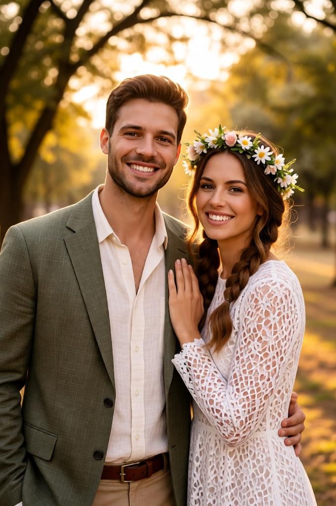Boho Wedding Portrait Under Sunlit Trees