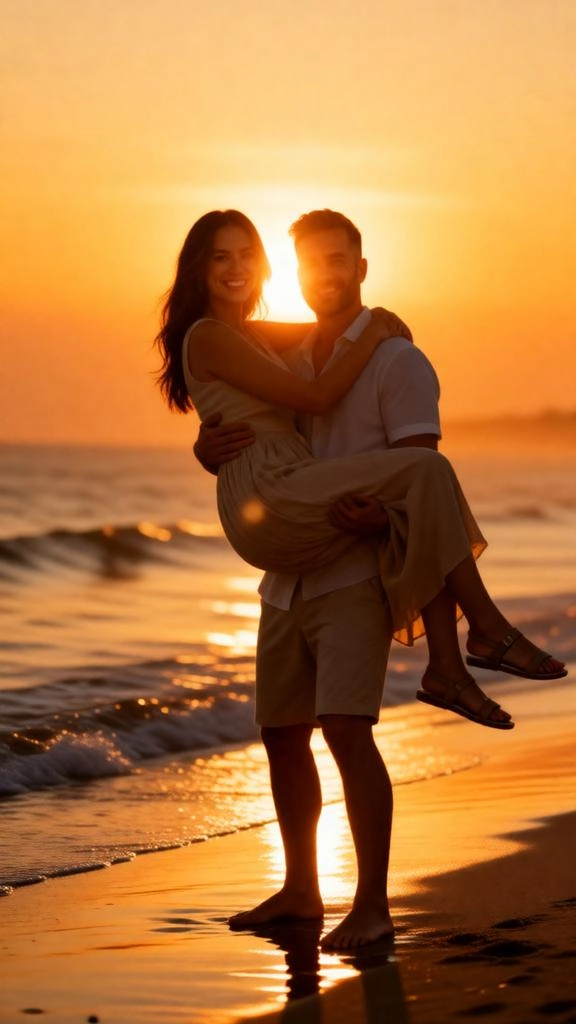 Cinematic Beach Sunset Couple Portrait Prompt