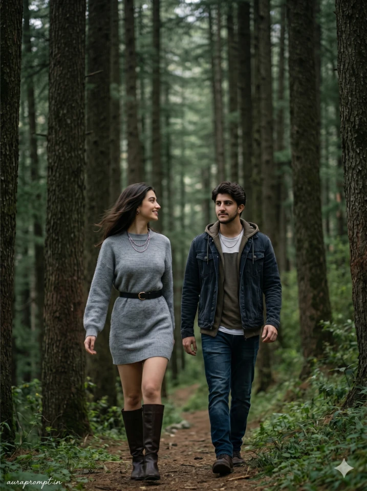 Cinematic Couple Portrait in Pine Forest Tunnel
