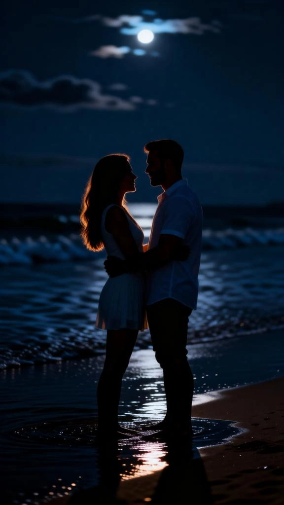 Cinematic Night Beach Photo Editing: Romantic AI Prompt