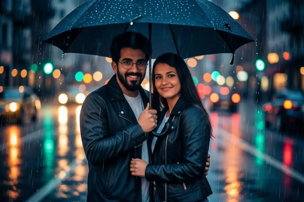 Cinematic Rainy Street Couple Portrait