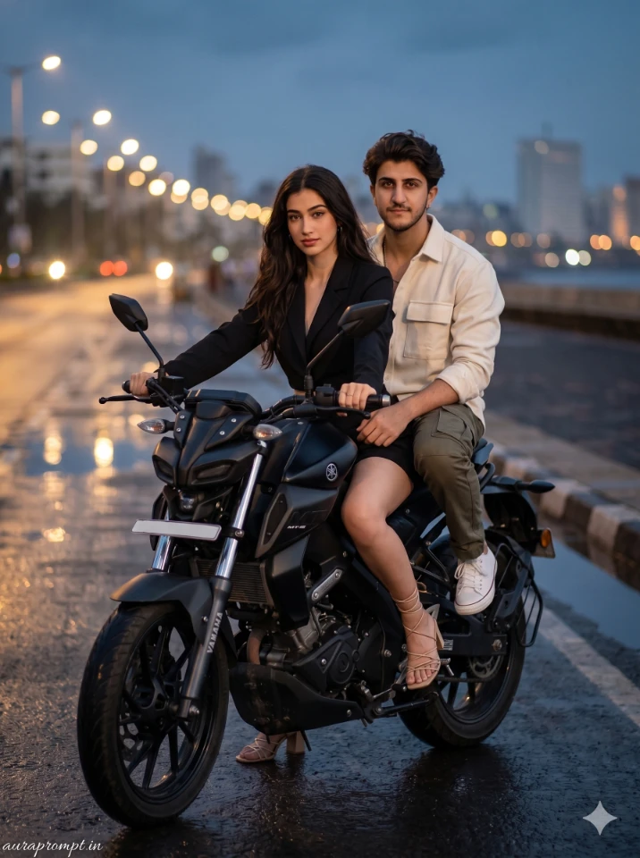 Couple on Bike at Coastal Promenade Night Scene