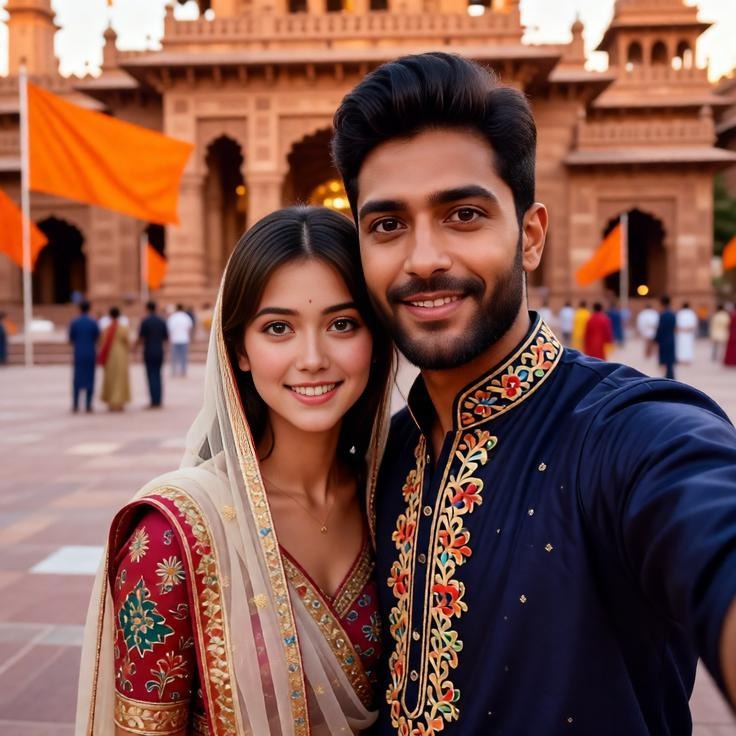 Couple Selfie at Ayodhya Ram Mandir – Traditional Indian Attire