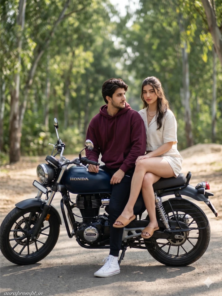 Couple Vintage Motorcycle Beach Road AI Photo Prompt