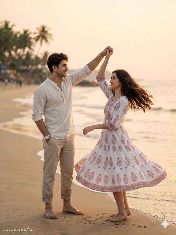 Golden Hour Beach Couple Pre-Wedding Editorial Prompt