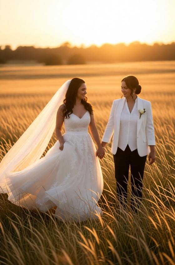 Golden Sunset Wedding Portrait of Two Brides