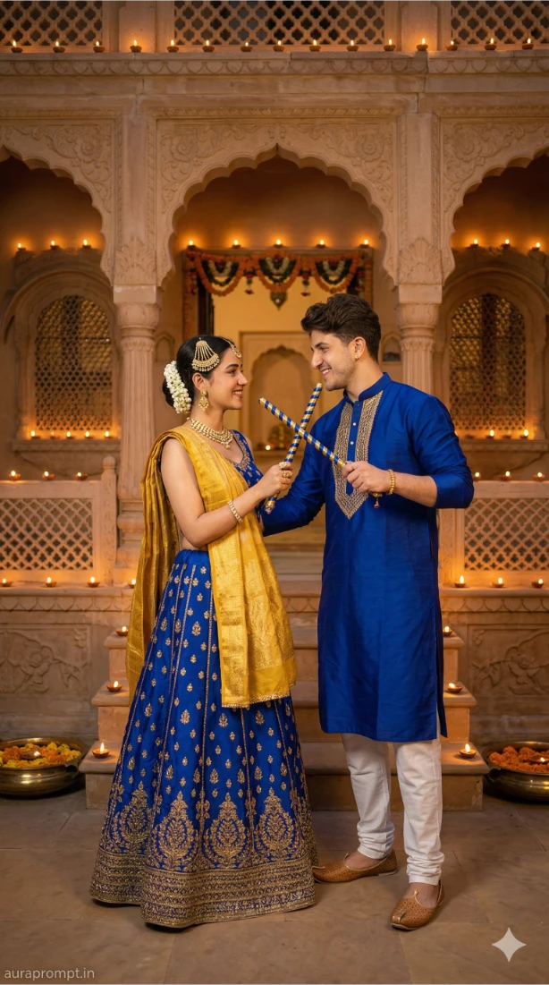 Indian Dandiya Couple in Traditional Haveli 8K Photo