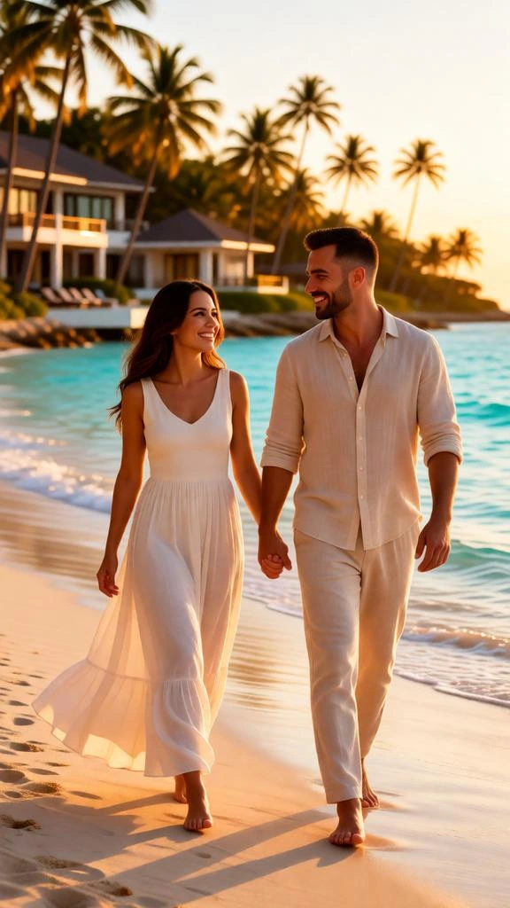 Luxury Beach Sunset: Cinematic Couple AI Photo