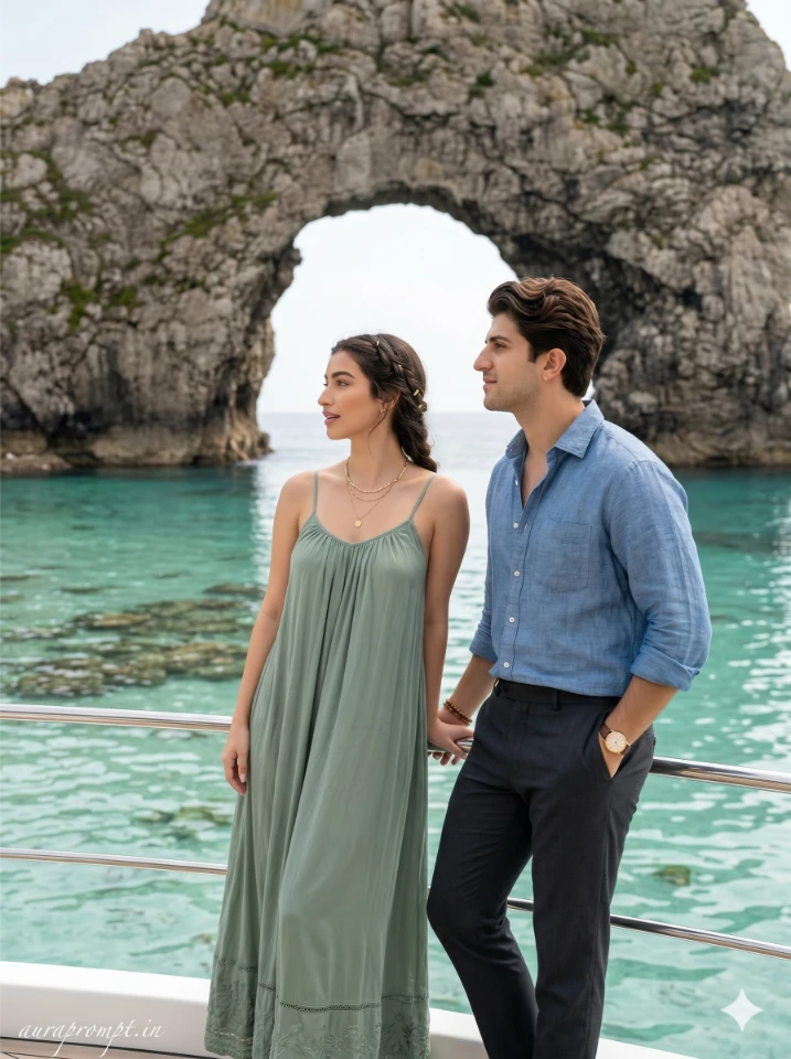 Luxury Yacht Couple Photo Prompt with Rock Arch