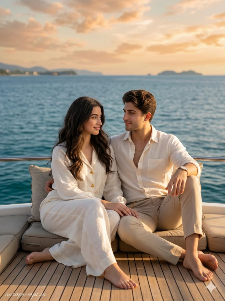Luxury Yacht Couple Portrait Prompt – Golden Hour Editorial
