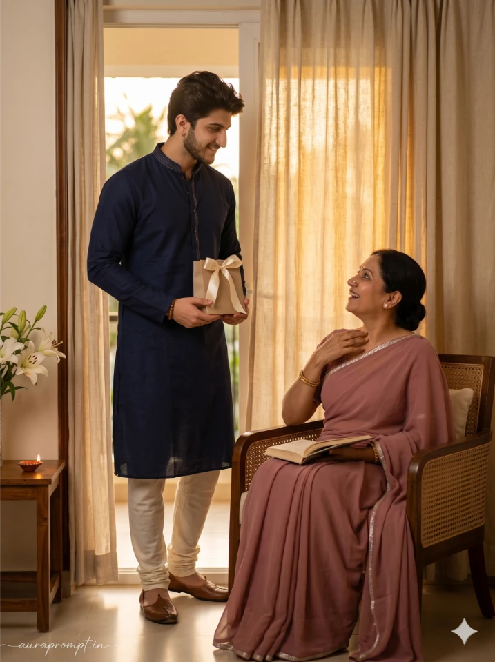 Mother's Day AI Photo Prompt: Indian Son Surprises Mom