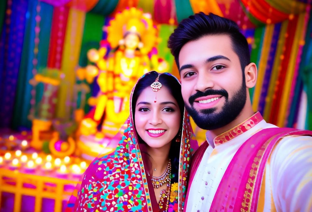 Navratri Couple Selfie in Colorful Pandal