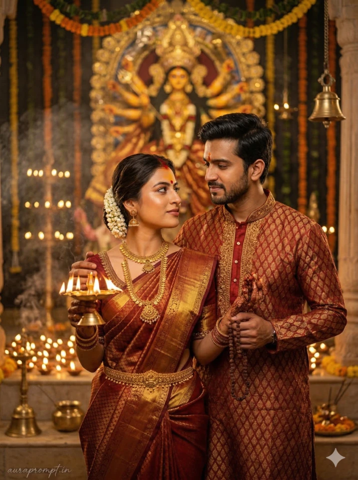 Navratri Couple Temple Portrait AI Prompt
