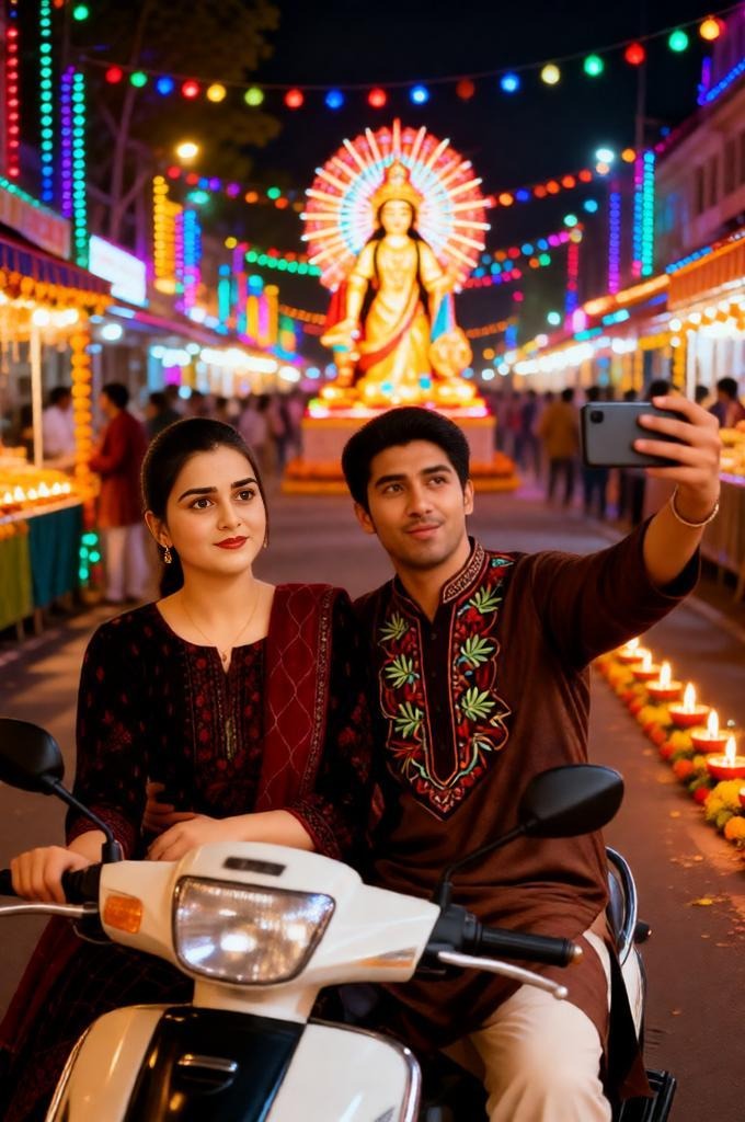 Navratri Night Couple Selfie on Scooter – Ultra Realistic