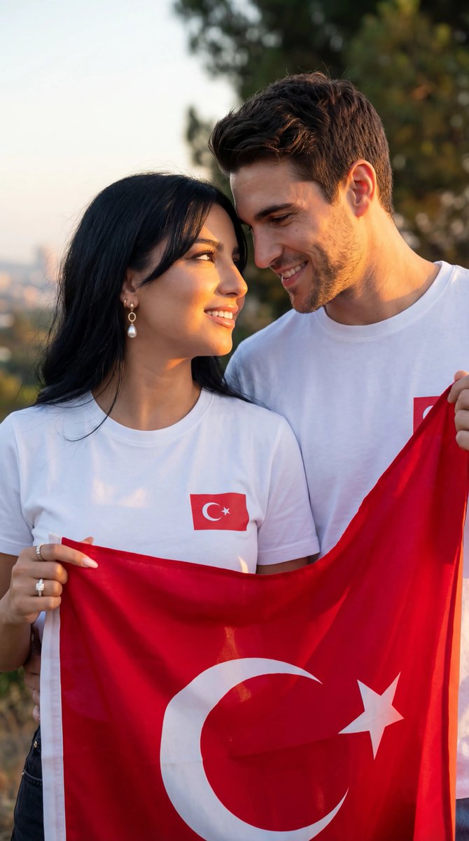 Romantic Couple in White Tees with Turkish Flag – Cinematic Photo