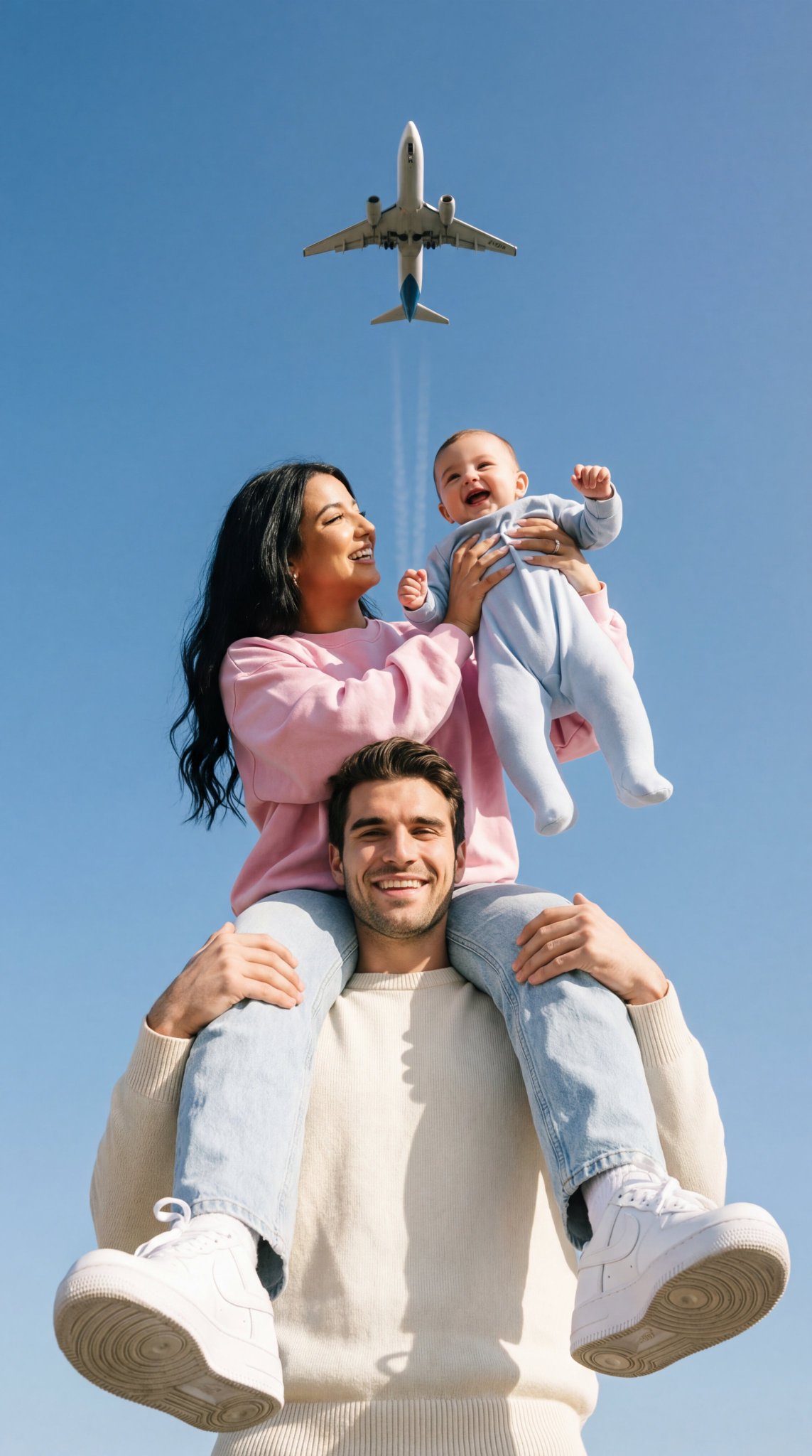 Romantic Couple Lifting Baby Under Airplane – Cinema