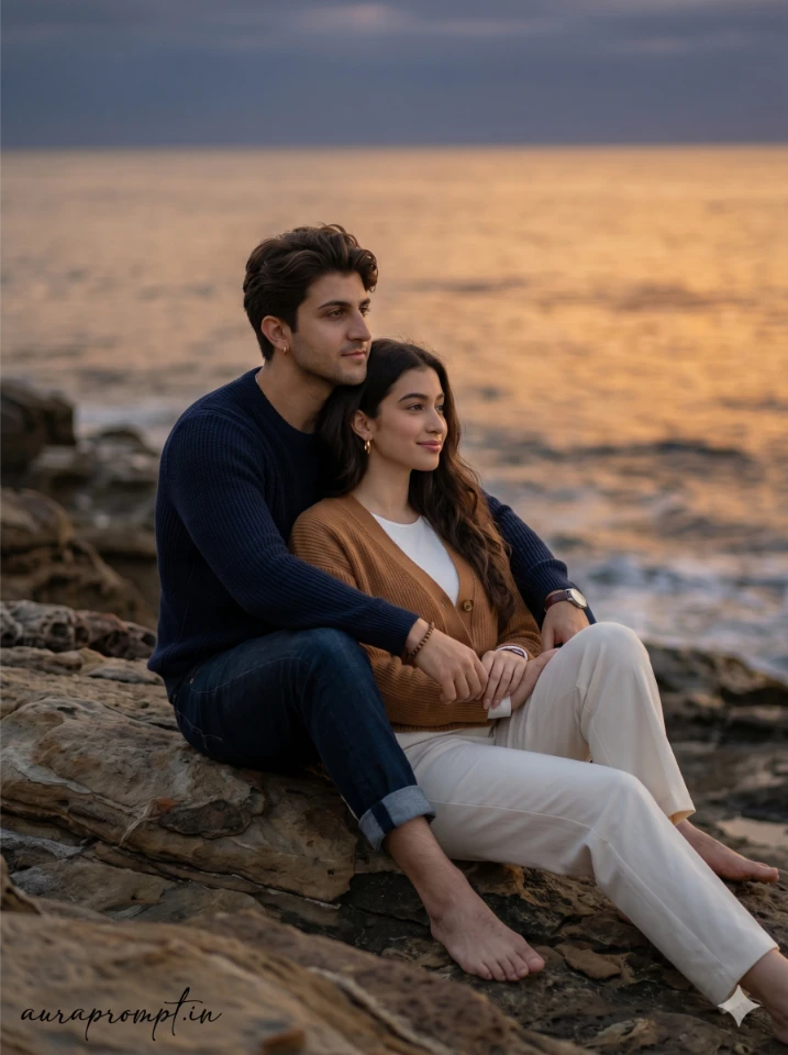 Romantic Dusk Beach Couple Portrait Prompt