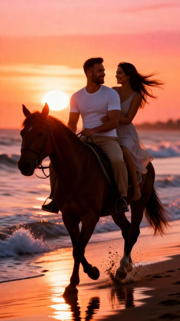 Romantic Sunset Beach Horse Ride AI Photo Prompt
