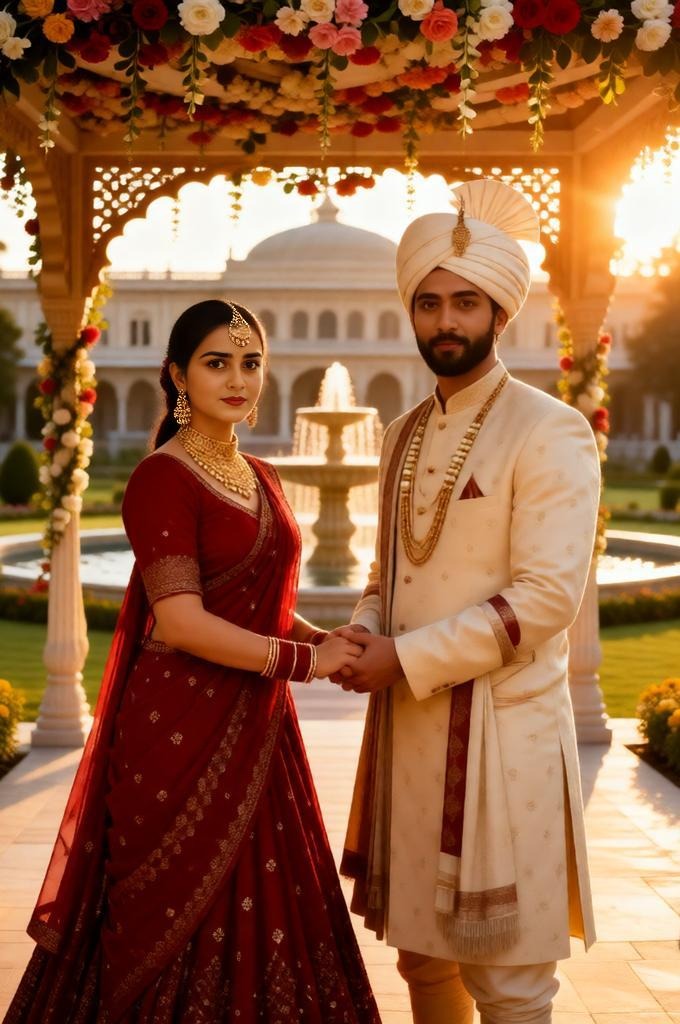 Royal Indian Wedding Couple in Floral Mandap – Golden Hour
