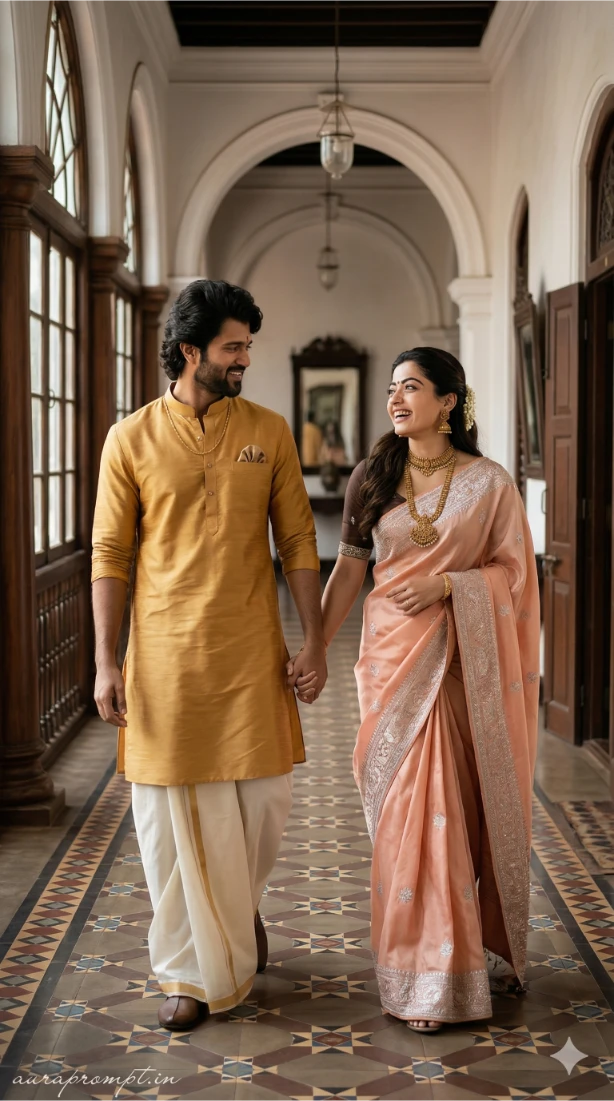 Royal South Indian Couple Portrait in Chettinad Mansion
