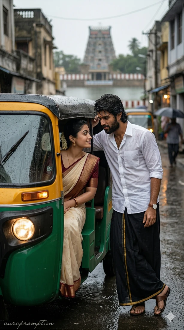 South Indian Couple in Rainy Auto Rickshaw Portrait