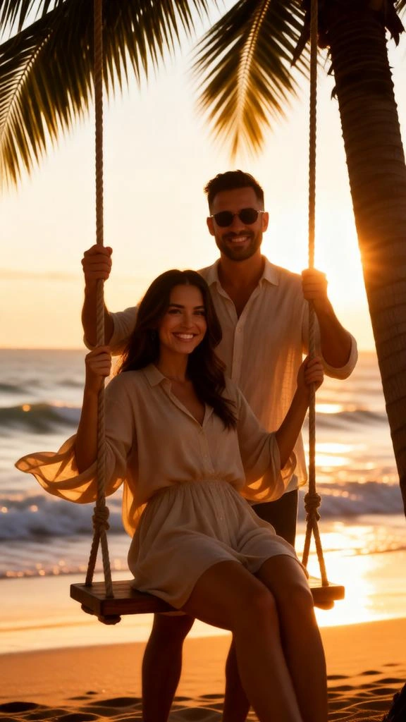 Sunset Beach Swing: Ultra-Realistic Romantic Couple AI Portrait