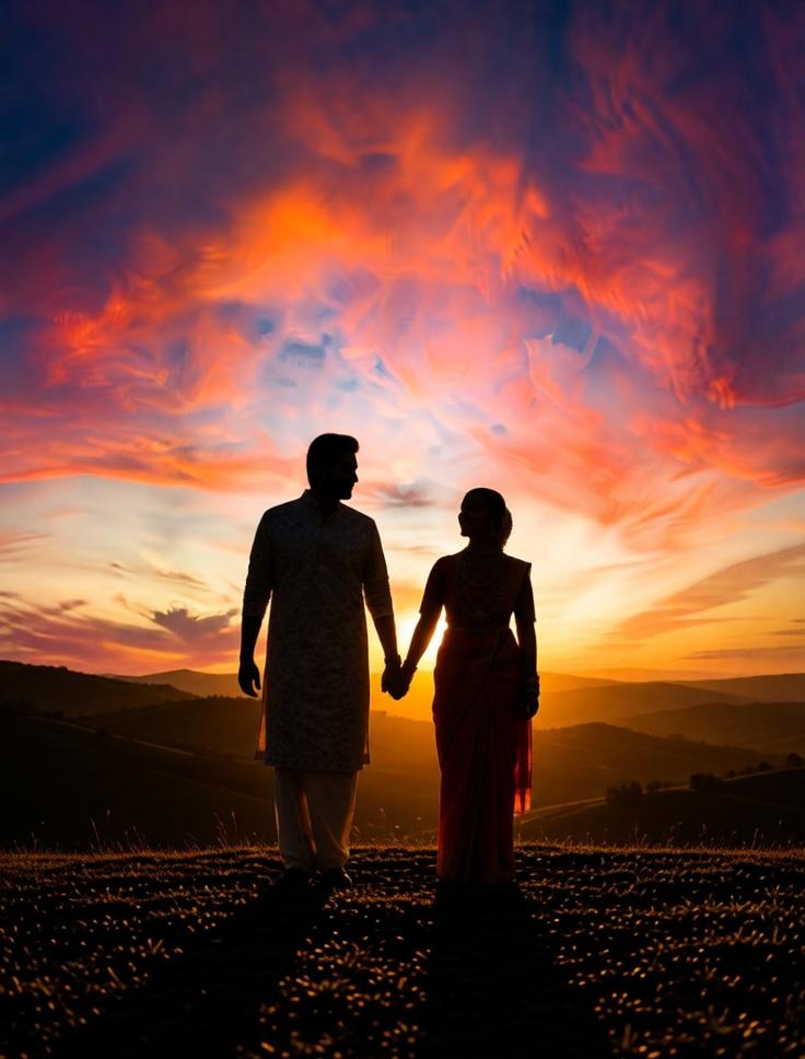 Sunset Wedding Silhouette on Hill – Cinematic Photo Prompt