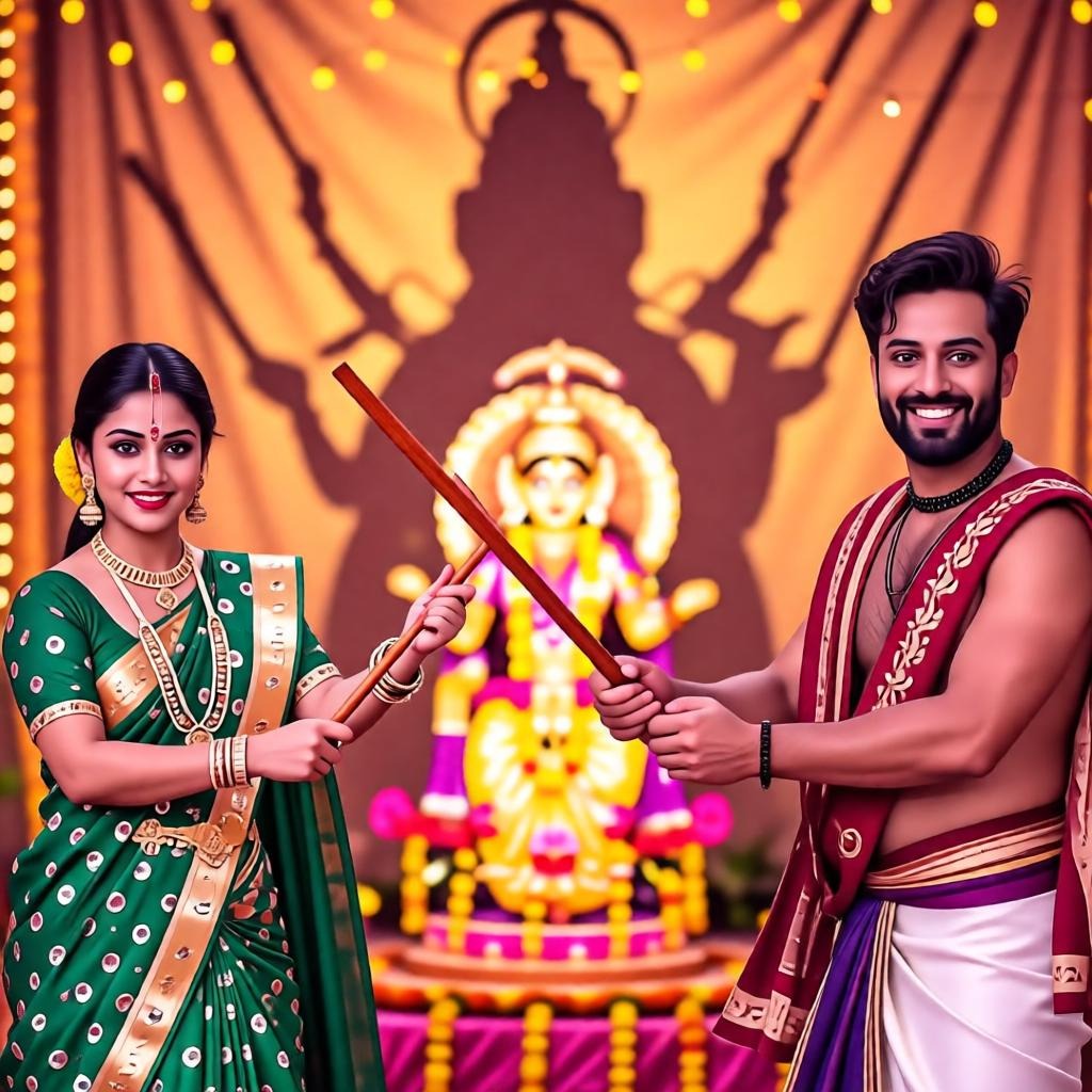 Vibrant Navratri Dandiya Couple Photo Prompt