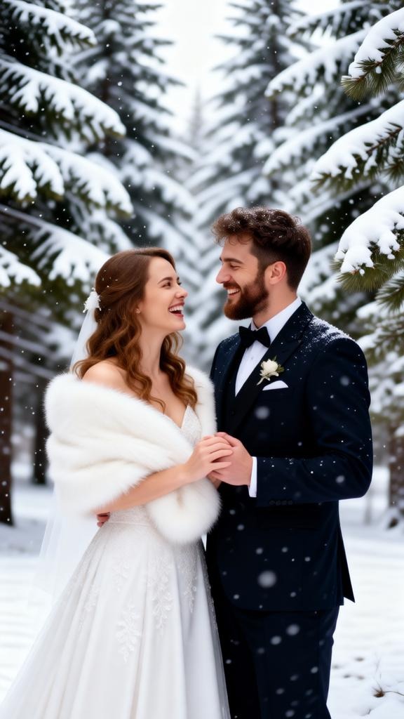 Winter Wedding Couple Portrait in Snowy Pines