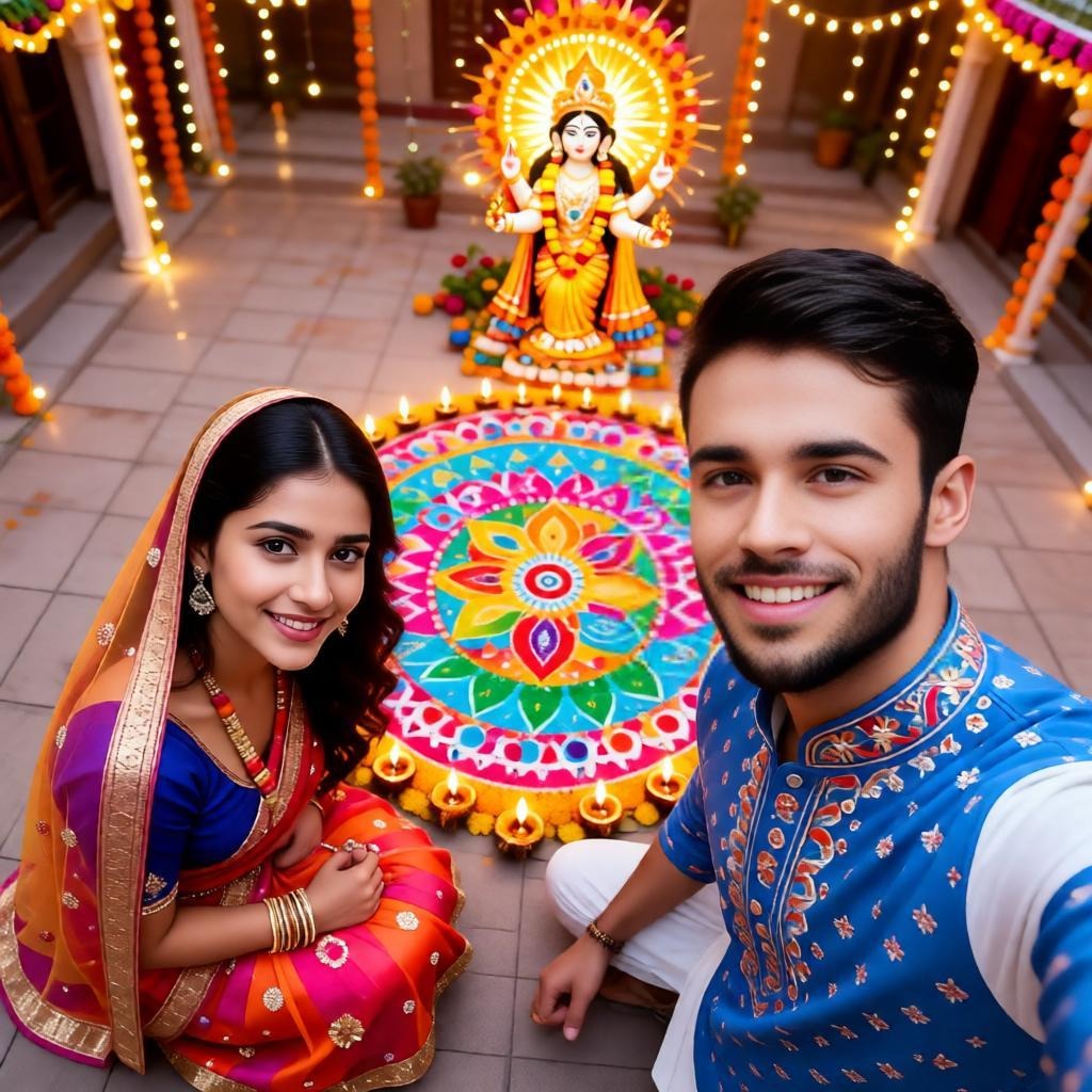 Young Indian Couple Navratri Selfie with Rangoli