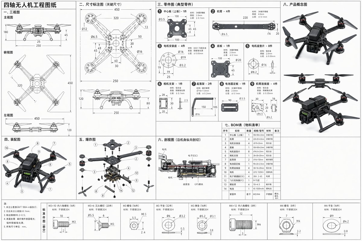AI Prompt for 4-Axis Drone Engineering Drawing
