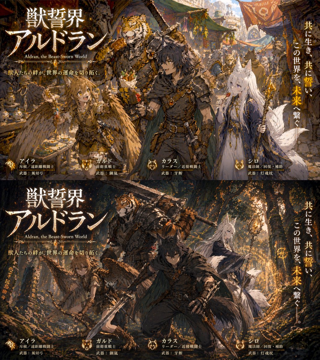 AI Prompt for Fantasy RPG Poster Concept Art with Combat and Peaceful Scenarios