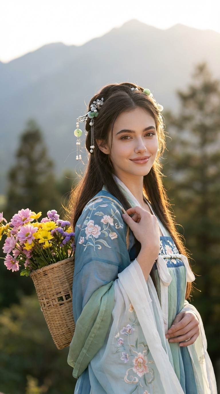 8K Portrait of Hanfu Wearing Basket - Realistic Chinese Landscape