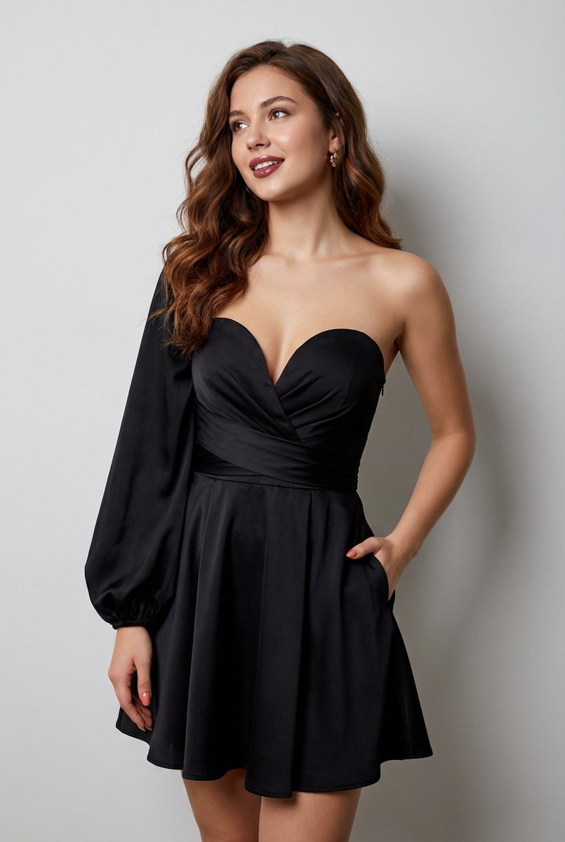 AI Fashion Portrait Prompt: Gorgeous Asymmetrical Strapless Dress in Editorial Style