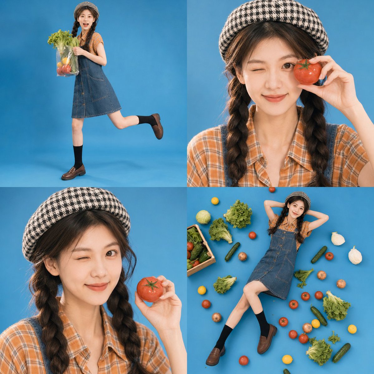 AI Image Prompt: Photo Studio Collage of Market Girl with Vintage Outfit and Fresh Produce
