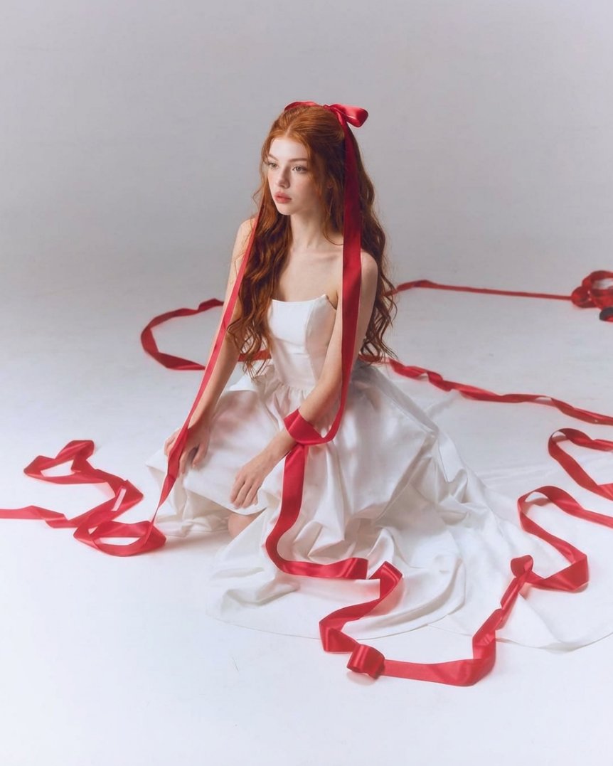 AI Portrait Prompt: Enchanting Studio Portrait with Flowing Red Ribbons